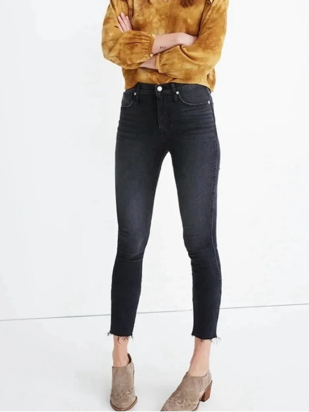 Madewell 10" High Rise Skinny Crop Raw Hem Jeans-Black Cut off Washed-Sz 24 P